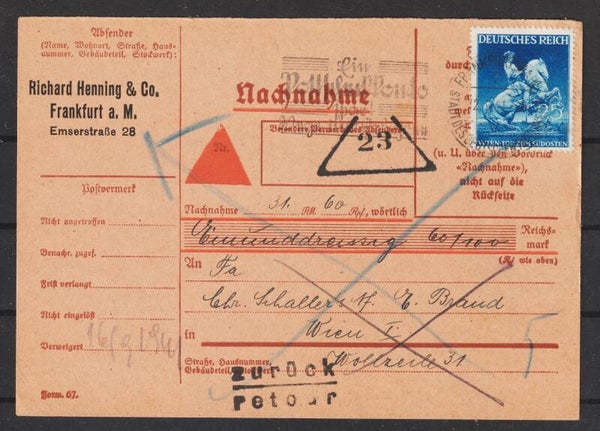 MiNr. 771 EF auf Nachnahme Karte, FRANKFURT 12.9.41 (0726)