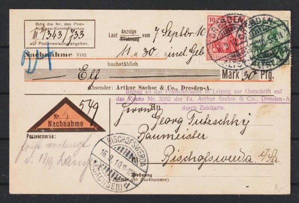 Nachnahme Postkarte "Arthur Sachse & Co." DRESDEN 16.9.10  (0726)