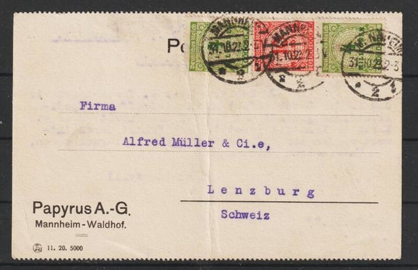 MiNr. 316 (2x), 318 postkarte MANNHEIM 31.10.23  Letzttag PP 21    (0729)