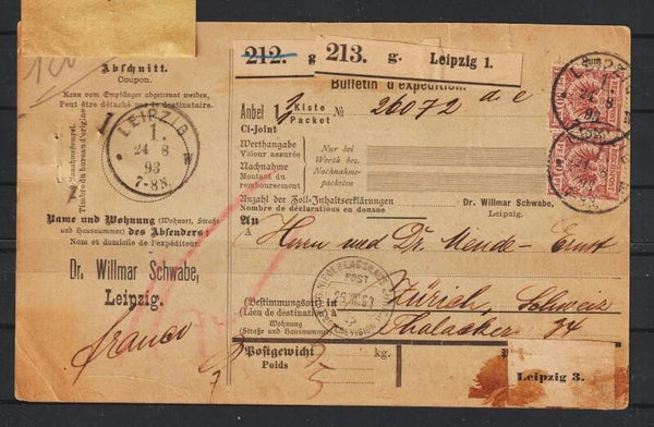 MiNr. 50 (3x), 47 auf Paketkarte,  LEIPZIG  24.8.93  (0737)