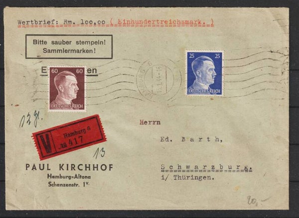 Wertbrief von Hamburg nach SCHWARZBURG,  13.1.44    (0739)