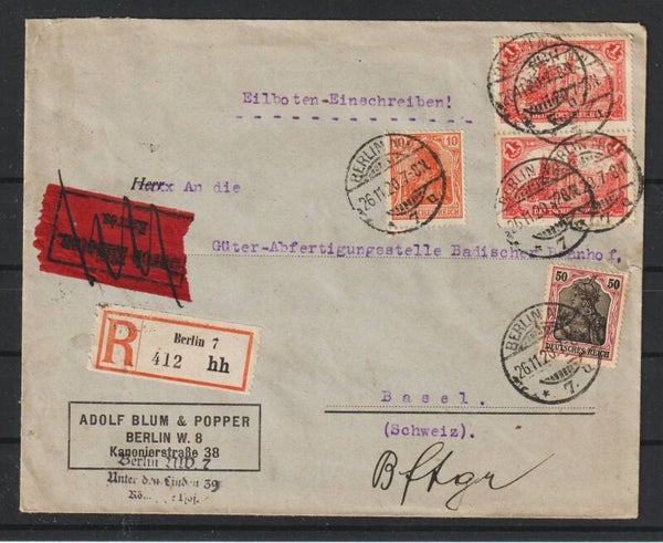 MiNr. A113 (2x), 90, 141 auf Eilboten R-Brief BERLIN 26.11.20 nach Basel / Schweiz (0741)