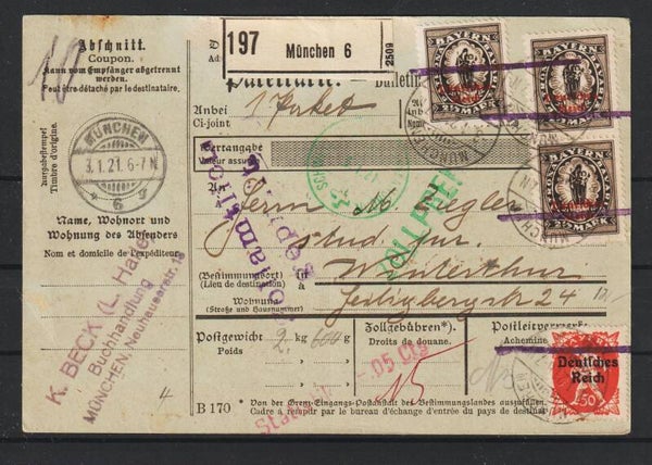 MiNr. 133 I (3x) 125 auf Paketkarte  München 3.1.21 (0741)
