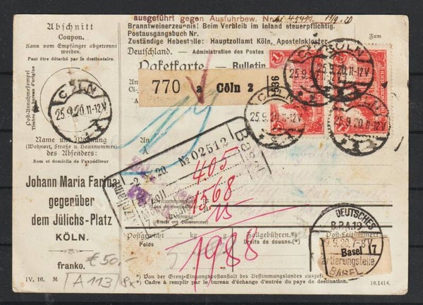 MiNr. A113 (8x) auf Paketkarte CÖLN 25.9.20  (0741)
