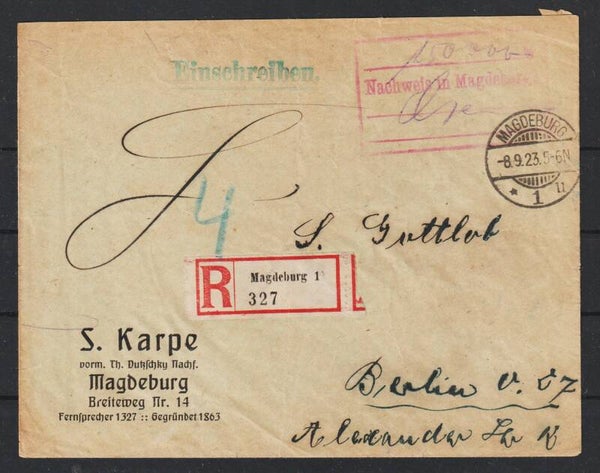 150.000 Mark Freistempel  "Nachweis in Magdeburg"  R-Brief MAGDEBUG 8.9.23  (0743)