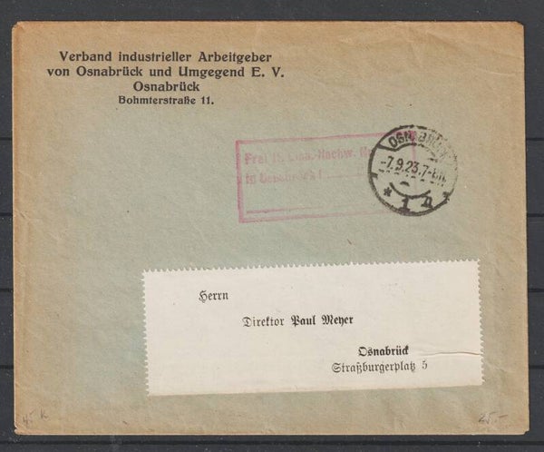 "Frei lt. Eing. Nr.  In Osnabrück I"  OSNABRÜCK 7.9.23  (0743)