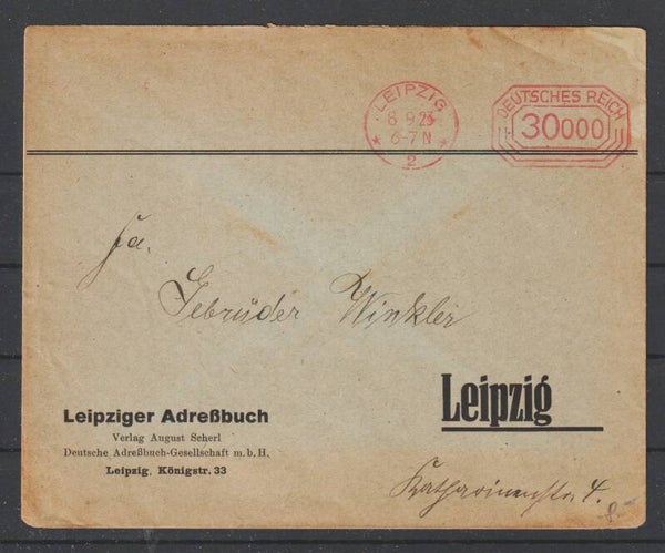 30.000 Mark Freistempel "Leipziger Adressbuch Verlag"  LEIPZIG 8.9.23  (0743)