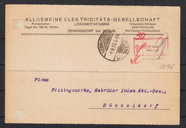 30.000 Mark "Gebühr bezahlt" "Lokomotivfabrik" HENNIGSDORF (OSTHAVELLAND) 4.9.23  (0743)