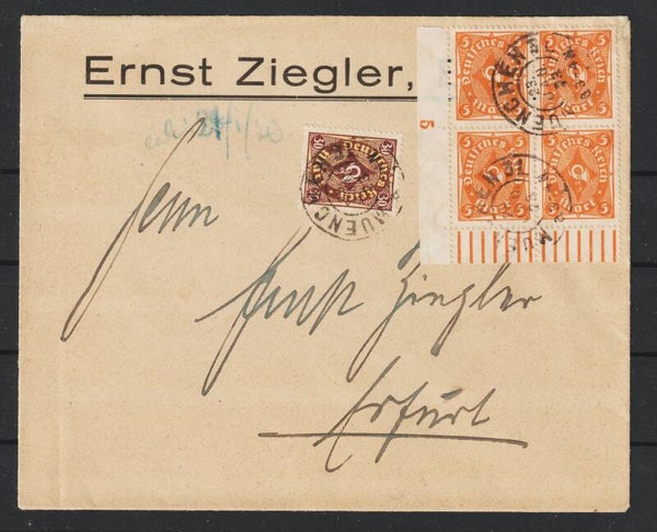 MiNr. 227 Bogenecke, 208 auf Brief  MÜNCHEN 23.1.23 (0746)