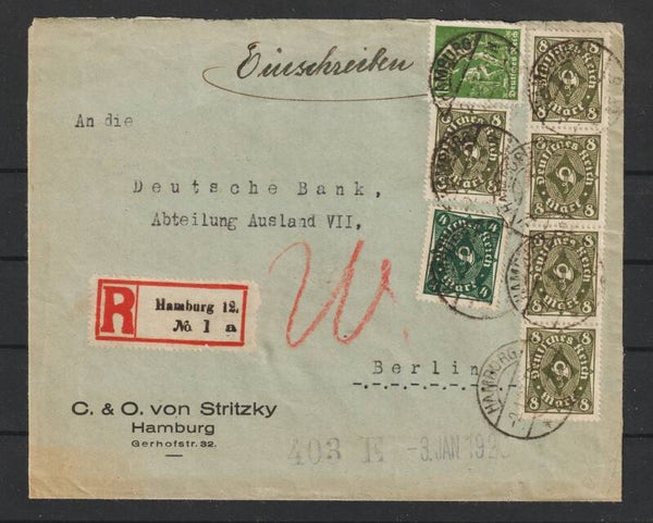 MiNr. 226, 229 (5x), 187 portogerechter R-Brief HAMBURG 2.1.23 (0746)