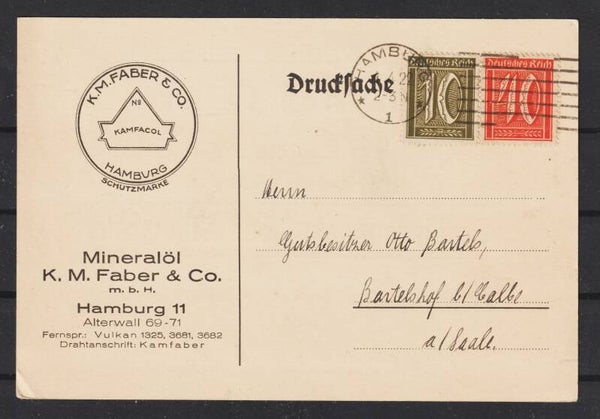 Postkarte, Drucksache "Mineralöl K.M. Faber & Co m.b.H." HAMBURG  4.4.22  (0747)