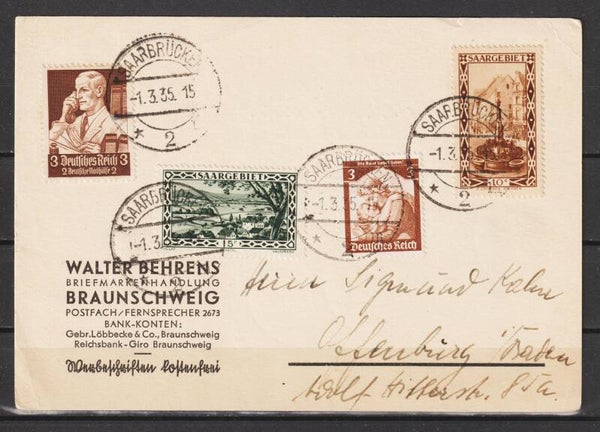 Mischfrankatur Saargebiet, Deutsches reich 1.3.1935 auf Karte (0748)