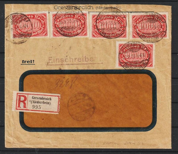 MiNr. 257 (9x), 275 auf R-Brief,  GREVENBROICH 20.9.23, Ersttag PP 18   (0750)