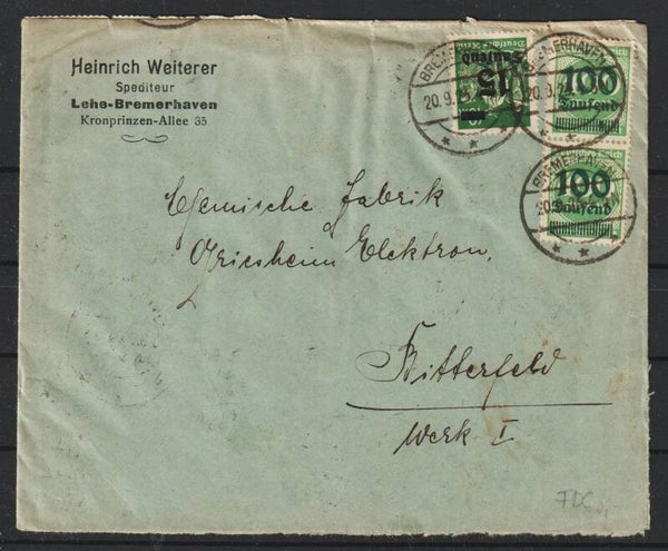 MiNr. 273, 279, 290 FDC auf Brief,  BREMERHAFEN 20.9.23  (0750)
