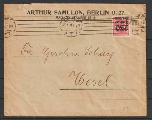 MiNr. 295 FDC auf Brief,  BERLIN 20.9.23  (0750)