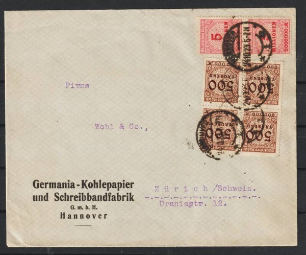 MiNr. 313 (4x), 317 (2x) Drucksache “Germania-Kohlepapier und Schreibbandfabrik” HANNOVER 24.10.23  (0753)