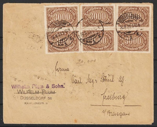 MiNr. 248 (10x), 254 (6x) auf portogerechten Brief DÜSSELDORF 30.8.23  (0756)