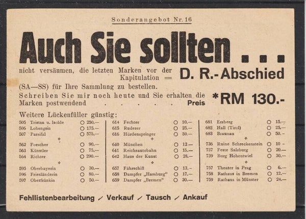 Ganzsache P 950 mit Zudruck  FRANKFURT 20.4.47  (0759)