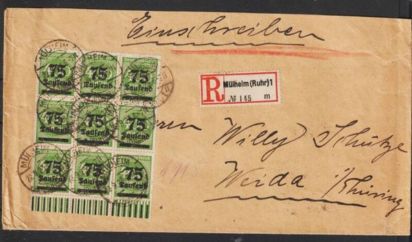 9er Block MiNr. 287 auf R-Brief, 22.9.23  geprüft  (0760)