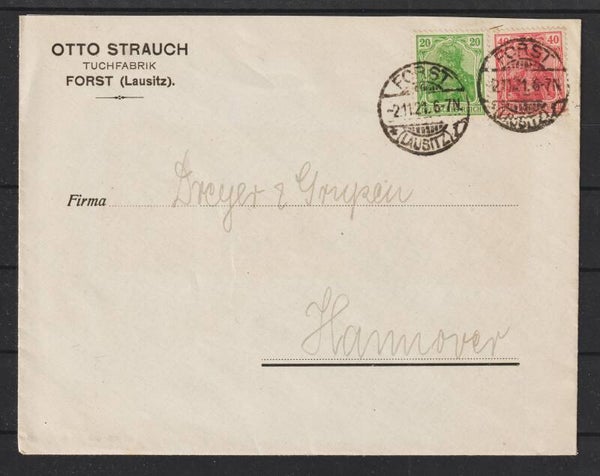 Tuchfabrik Otto Strauch, FORST, LAUSITZ MiNr. 142, 144 auf Brief  (0762)
