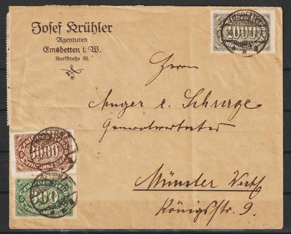 MiNr. 254, 251, 249, 208, 268 auf Brief, EMSBETTEN  30.8.23  (0763)