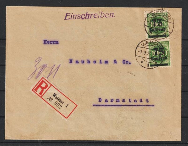 MiNr. 288 MeF auf R-Brief, FDC WEIMAR 1.9.23  (0763)