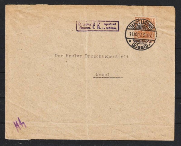 MiNr. 100 EF auf Brief  SANCT LUDWIG  11.10.17  Zensurstempel  (0765)