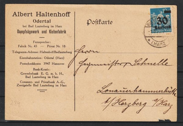 MiNr. 284 EF auf Postkarte, FDC BAD LAUTERBERG i. HARZ  1.9.23, Ersttag PP 17   (0766)