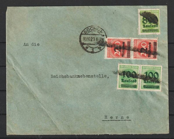 MiNr. 290 (2x), 308, 309 (2x) auf Brief  BOCHUM  13.10.23  (0768)