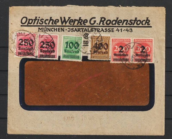 MiNr. 298, 290, 295, 309 Brief "OPtische Werke Rodenstock  MÜNCHEN 12,10.23, geprüft  (0769)