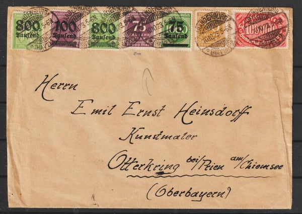 MiNr. 276, 292 VB (mit 292 II) u.w. Brief BRANDENBURG 10.10.23, geprüft    (0770)