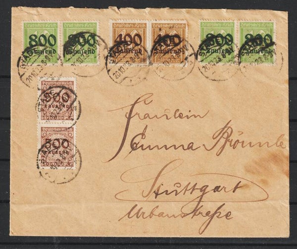 MiNr. 299 (2x) 301 (4x), 313 (2x) Brief STADE 20.10.23, Rückseite beachten    (0770)
