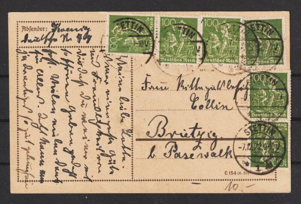 MiNr. 187 (6x) auf Postkarte STETTIN 7.12.22   (0771)