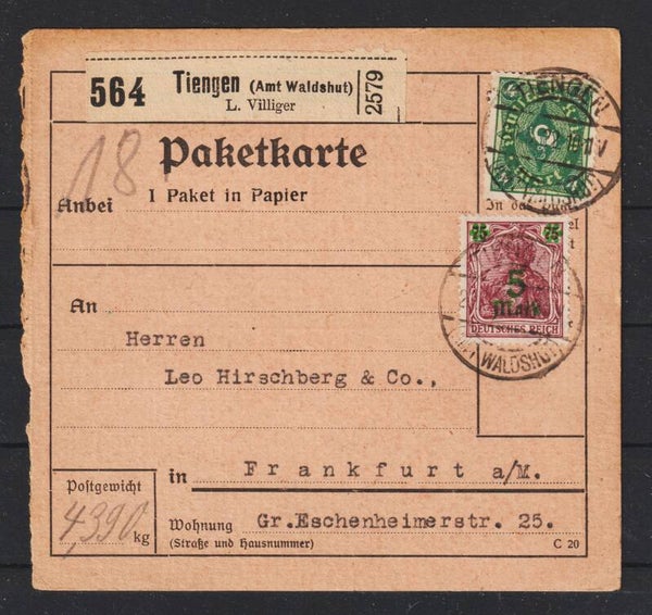 MiNr. 156 II, 193 auf Paketkarte, TIENGEN 20.5.22  (0772)