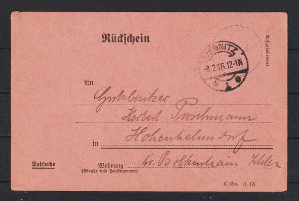 Post Rückschein für R-Brief  LIEGNITZ  8.2.26  (0772)