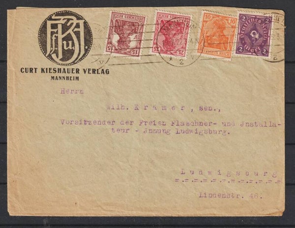 MiNr. 197, 141, 142, 191 Brief "Curt Kiesbauer Verlag"  MANNHEIM 19.7.22  (0773)