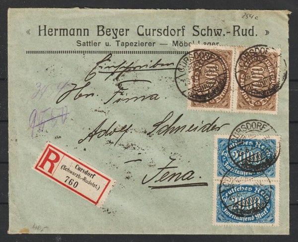 MiNr. 254 a (12x), 253 b (2x) auf R-Brief, CURSDORF 26.8.23, geprüft  (0773)