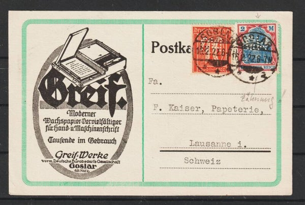 MiNr. 152, 163 auf Firmen Postkarte “Greif-Werke Goslar” GOSLAR 16.2.22, Perfins GW  (0774)