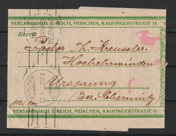 Streifband "Versandhaus T.Reich", Freistempel  MÜNCHEN 22.1.21  (0774)