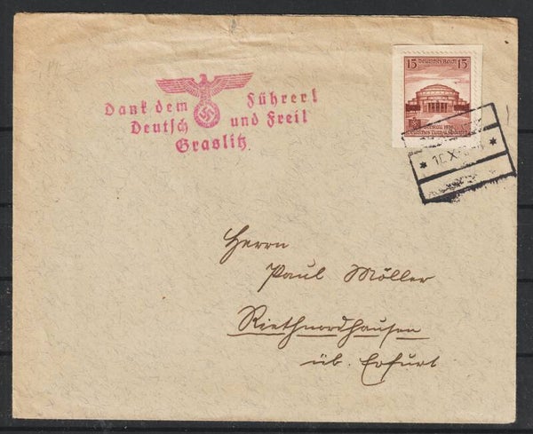 MiNr. 668 (Briefstück) Brief GRASLITZ 10.X.38 mit Sonderstempel (0775)