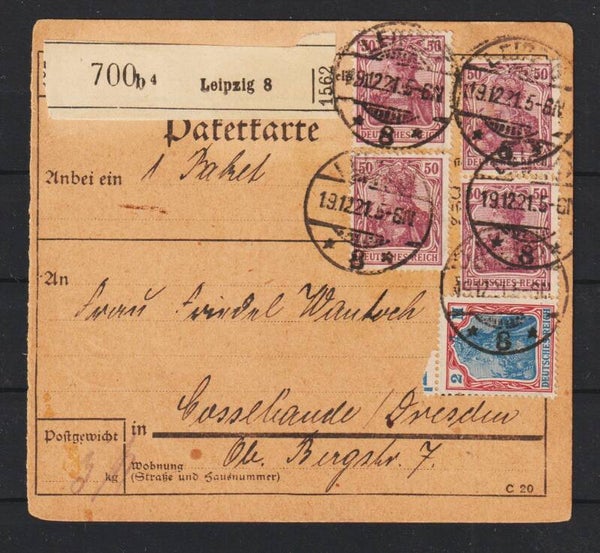 MiNr. 146, 152 auf Paketkarte LEIBZIG 19.12.23 n. COSSEBAUDE  (0777)