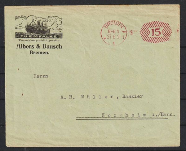 15 Pfennig Freistempel "Albers & Busch" BREMEN 27.6.21  (0777)
