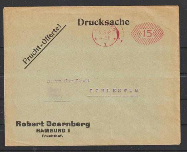 15 Pfennig Freistempel "Robert Doernberg Fruchthof" HAMBURG 6.8.21  (0777)