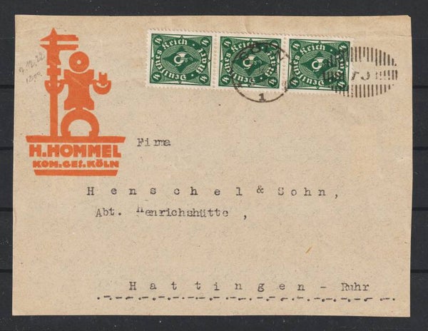 MiNr. 226 b (3x) Auf Firmenbrief "H.HOMMEL"  CÖLN 7.12.22  (0778)