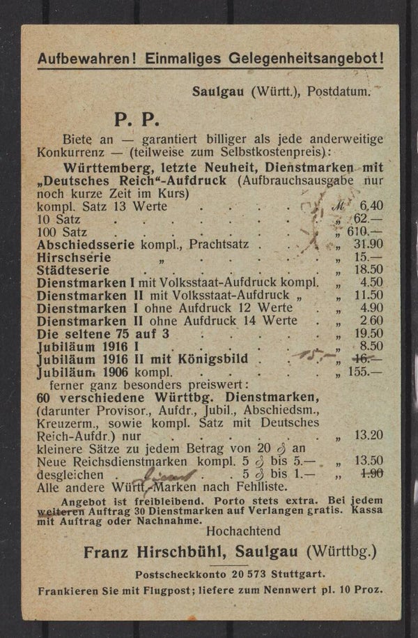 Ganzsache P 111 A  SAULGAU 27.OKT.20 mit Zudruck  (0779)