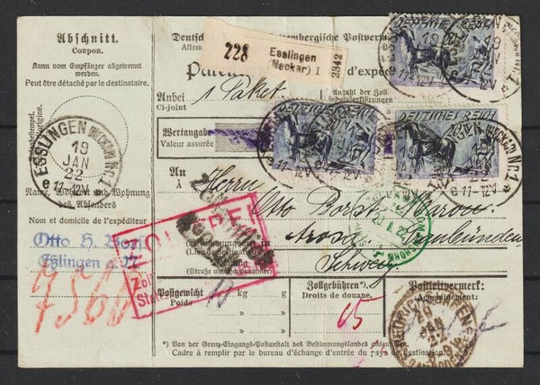 Paketkarte  ESSLINGEN 19.JAN.22 nach Arosa Schweiz  (0779)