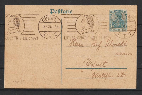 Ganzsache P 120  SST  "Luther-Gedächtnis-Feier 1921"  ERFURT  18.4.21  (0780)