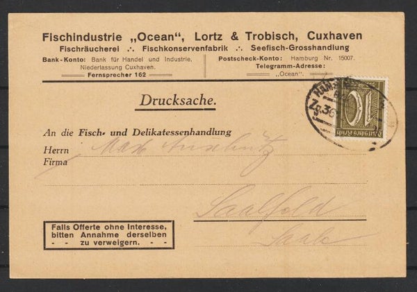 MiNr. 159 auf Drucksache, Bahnpoststempel: HAMBURG-CUXHAFEN 6.2.21 (0781)