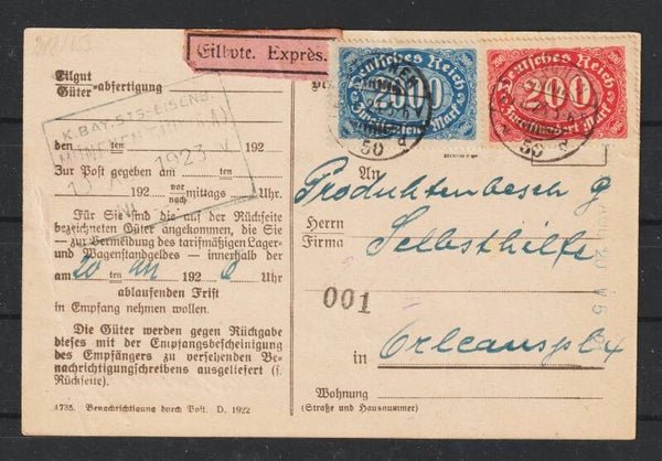 MiNr. 248, 253 auf Eilboten Express Karte MÜNCHEN 20.8.23, geprüft (0781)