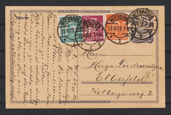 MiNr. 184 MiF auf Postkarte  WIESBADEN 31.10.22, geprüft  (0782)